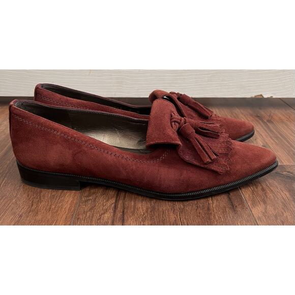 STUART WEITZMAN Avatass Terracotta Suede Kiltie Tassel Loafers - Picture 2 of 10